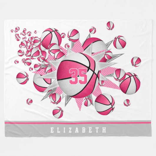 ピンクの白いスポーツルームガールズバスケの爆破 フリースブランケット (正面(横))
