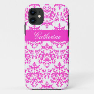 ピンクの白いダマスク織の女の子の名前 iPhone 11 ケース