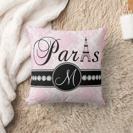 ピンクの白いダマスク織の黒のパリのモノグラムの枕 クッション (ブランケット)