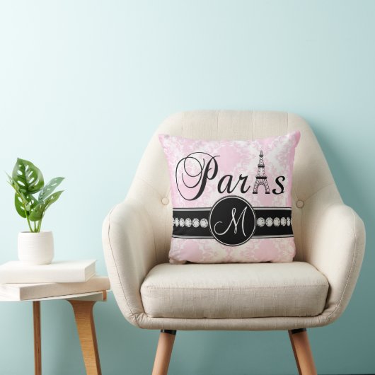 ピンクの白いダマスク織の黒のパリのモノグラムの枕 クッション (椅子)