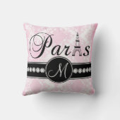 ピンクの白いダマスク織の黒のパリのモノグラムの枕 クッション (裏面)