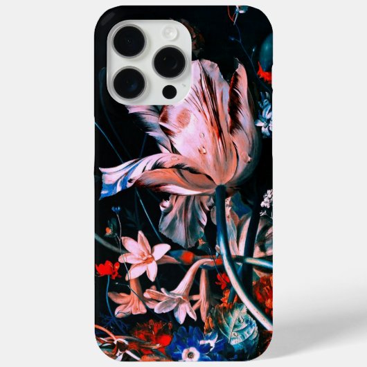 ピンクの白いチューリップとカラフルな花の黒花文様 Case-Mate iPhoneケース (裏面)