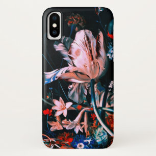 ピンクの白いチューリップカラフルの花を黒のフローラ iPhone X ケース