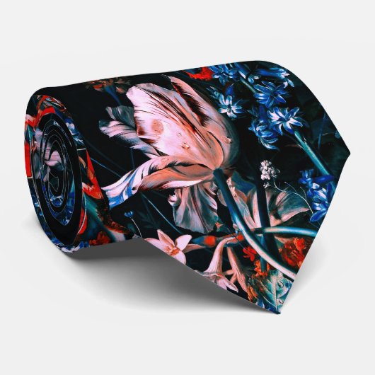 ピンクの白いチューリップ カラフルな花の黒い花卉 ネクタイ (ロール)