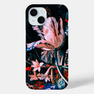 ピンクの白いチューリップ カラフルな花の黒い花卉 iPhone 15ケース