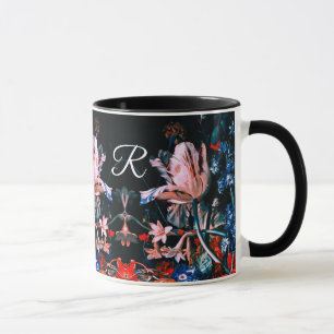 ピンクの白いチューリップ, 黒の花のモノグラム マグカップ