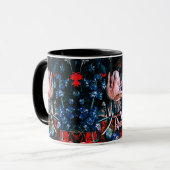 ピンクの白いチューリップ, 黒の花のモノグラム マグカップ (正面左)