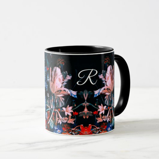 ピンクの白いチューリップ, 黒の花のモノグラム マグカップ (正面右)