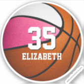 ピンクの白いチームの色の女の子の男の子バスケットボール シール (正面)