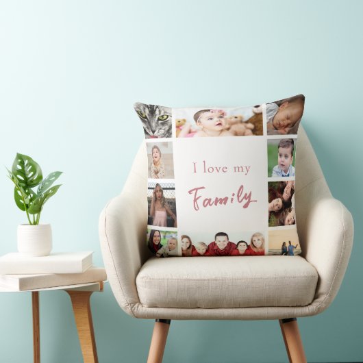 ピンクの白いトレンディー私は私の家族の写真コラージュを愛する クッション (椅子)