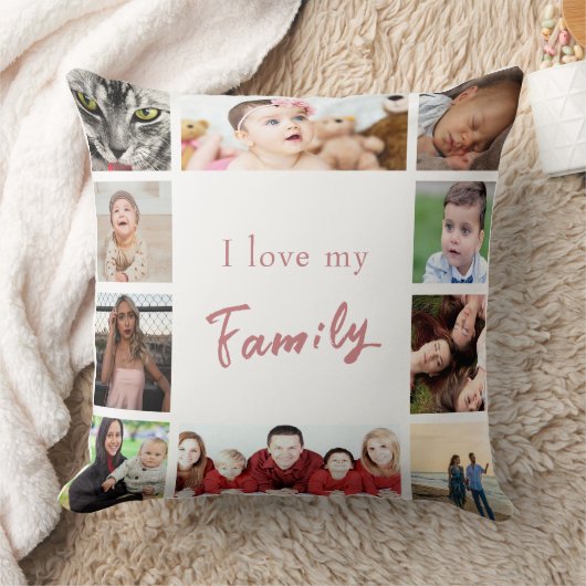 ピンクの白いトレンディー私は私の家族の写真コラージュを愛する クッション (ブランケット)