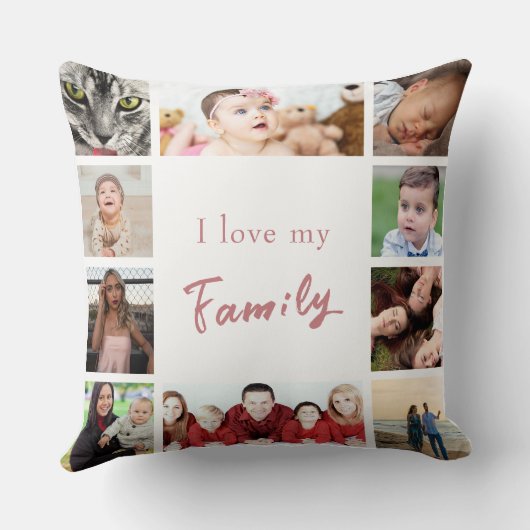 ピンクの白いトレンディー私は私の家族の写真コラージュを愛する クッション (裏面)