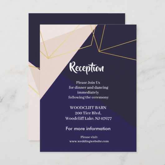 ピンクの白いネイビーブルーと金ゴールド幾何学的披露宴 案内ポストカード (正面/裏面)