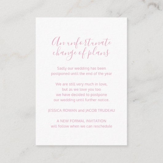 ピンクの白いハートのキャンセルを計画結婚に更新 エンクロージャーカード (裏面)