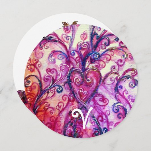 ピンクの白いハートファンシーがフローラモノグラムを飾る 招待状 (正面/裏面)