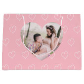 ピンクの白いハート写真バレンタインデー ラージペーパーバッグ (正面)