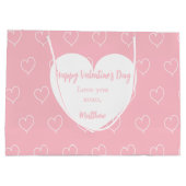 ピンクの白いハート写真バレンタインデー ラージペーパーバッグ (裏面)