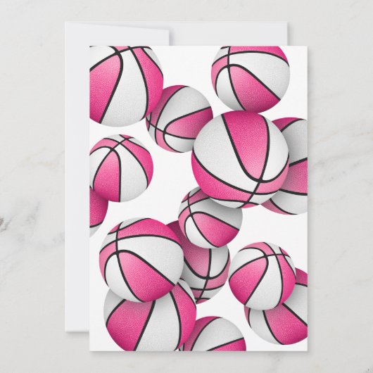 ピンクの白いバスケットボールの女の子の誕生日 招待状 (裏面)
