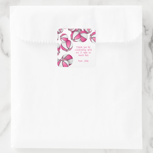 ピンクの白いバスケットボール女の子スポーツ誕生日パーティー スクエアシール (バッグ)