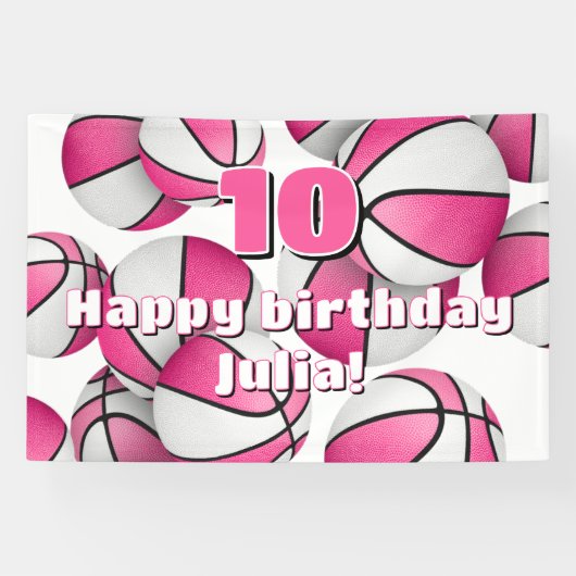 ピンクの白いバスケットボール女の子スポーツ誕生日パーティー 横断幕 (横)