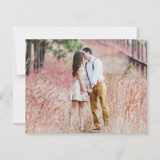 ピンクの白いバラ写真付き日付カードを保存 セーブザデート (裏面)