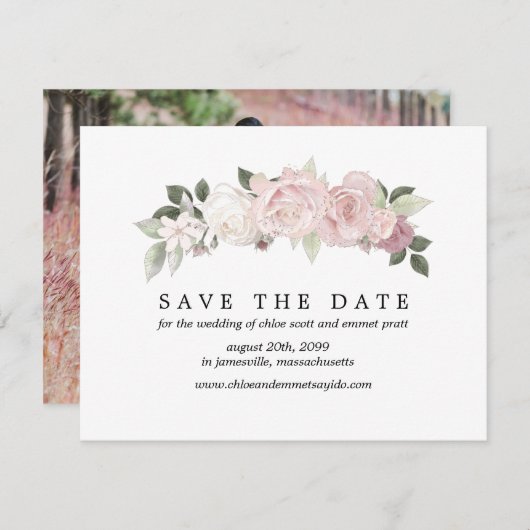 ピンクの白いバラ写真付き日付カードを保存 セーブザデート (正面/裏面)