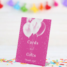 ピンクの白いバルーン誕生日カードギフト 台座サイン