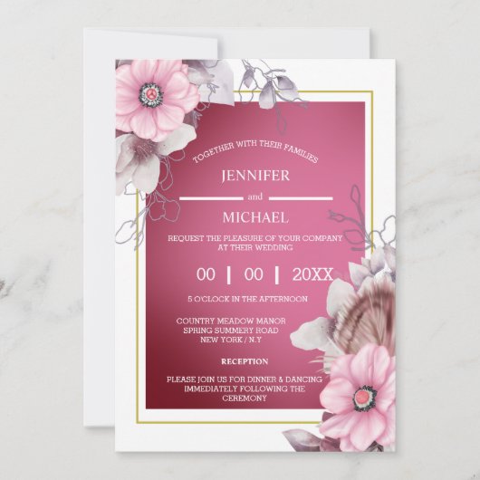 ピンクの白いフローラのカントリーガーデンはシックに咲く 招待状 (正面)