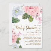 ピンクの白いフローラのバラエレガントスクリプト赤ちゃんシャワー 招待状 (正面)