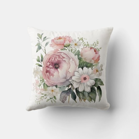 ピンクの白いフローラの緑の牡丹の花 クッション (裏面)