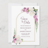 ピンクの白いフローラアーチ結婚式の日付を保存 セーブザデート (正面)