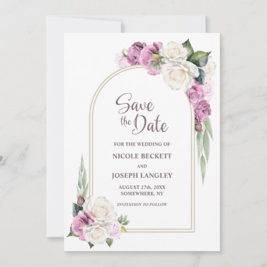 ピンクの白いフローラアーチ結婚式の日付を保存 セーブザデート (正面)