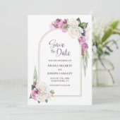 ピンクの白いフローラアーチ結婚式の日付を保存 セーブザデート (スタンド正面)