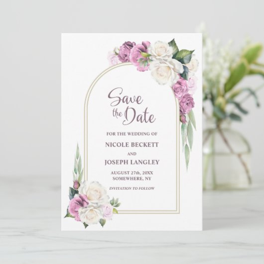 ピンクの白いフローラアーチ結婚式の日付を保存 セーブザデート (スタンド正面)