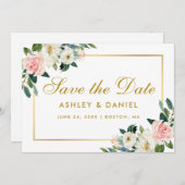 ピンクの白いフローラ日付金ゴールドカードの保存 セーブザデート (正面/裏面)