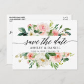 ピンクの白いフローラ書の日付を保存 ポストカード (正面/裏面)