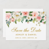 ピンクの白いフローラ金ゴールド日付カードの保存 セーブザデート (正面/裏面)