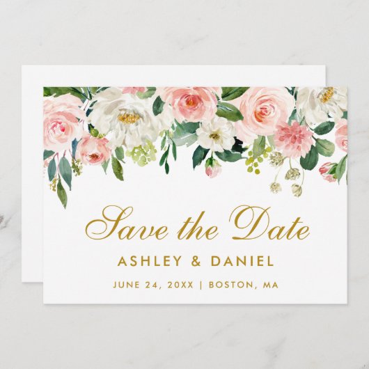 ピンクの白いフローラ金ゴールド日付カードの保存 セーブザデート (正面/裏面)