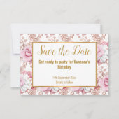 ピンクの白いブーケの花日付金ゴールドを保存 案内状 (正面)