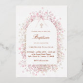 ピンクの白いベビーの息の花バプテスマ 箔招待状 (正面)