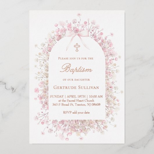 ピンクの白いベビーの息の花バプテスマ 箔招待状 (正面)