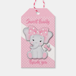 ピンクの白いポルカの可愛い漫画ベビーゾウ ギフトタグ
