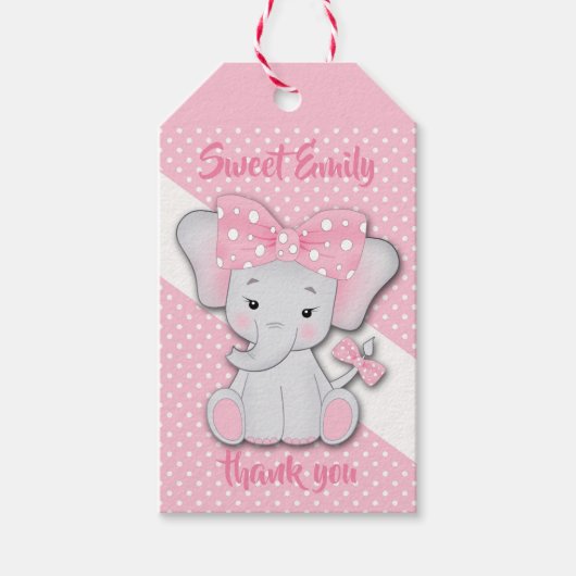 ピンクの白いポルカの可愛い漫画ベビーゾウ ギフトタグ (正面)