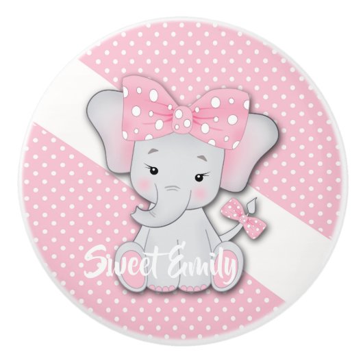 ピンクの白いポルカの可愛い漫画ベビーゾウ セラミックノブ (正面)