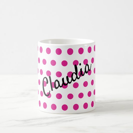 ピンクの白いポルカドスト名 コーヒーマグカップ (中央)