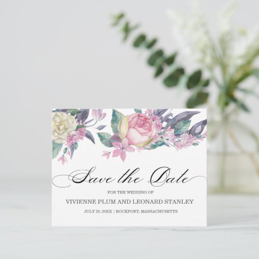 ピンクの白いローズフローラ日付はがきを保存 ポストカード (スタンド正面)