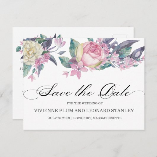 ピンクの白いローズフローラ日付はがきを保存 ポストカード (正面/裏面)