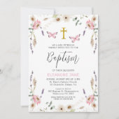 ピンクの白いワイルドフラワーバタフライバプテスマ 招待状 (正面)