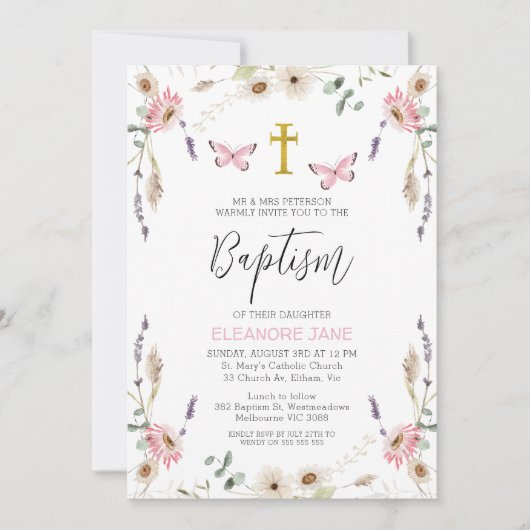 ピンクの白いワイルドフラワーバタフライバプテスマ 招待状 (正面)