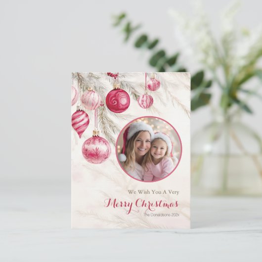 ピンクの白いヴィンテージオーナメント写真はがき シーズンポストカード (スタンド正面)